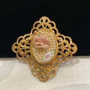 Vintage Carved Rose And Pearl Brooch